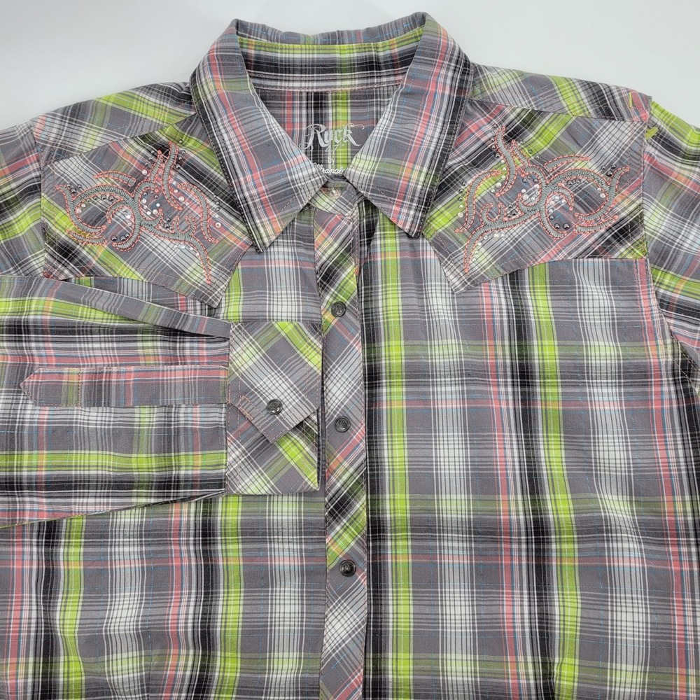 Rock 47 by Wrangler Womens LG Plaid Western Snap Shirt Embroidered Rhinestone
